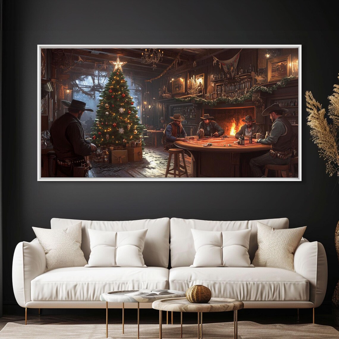 Western Saloon Christmas Cowboys Tree Fireplace Rustic Holiday Poster - Image 4