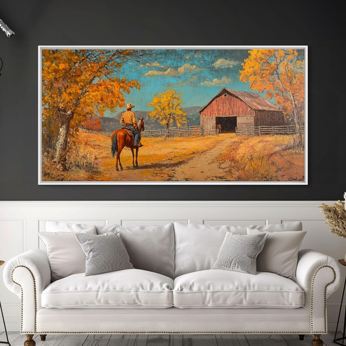 Cowboy Riding To The Red Barn Golden Autumn Farm Landscape Poster
