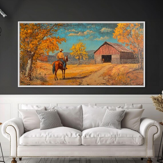 Cowboy Horse Autumn River Framed Print Perfect Above Sofa Fall Cowboy Art Moody Landscape Fall Western Wall Art