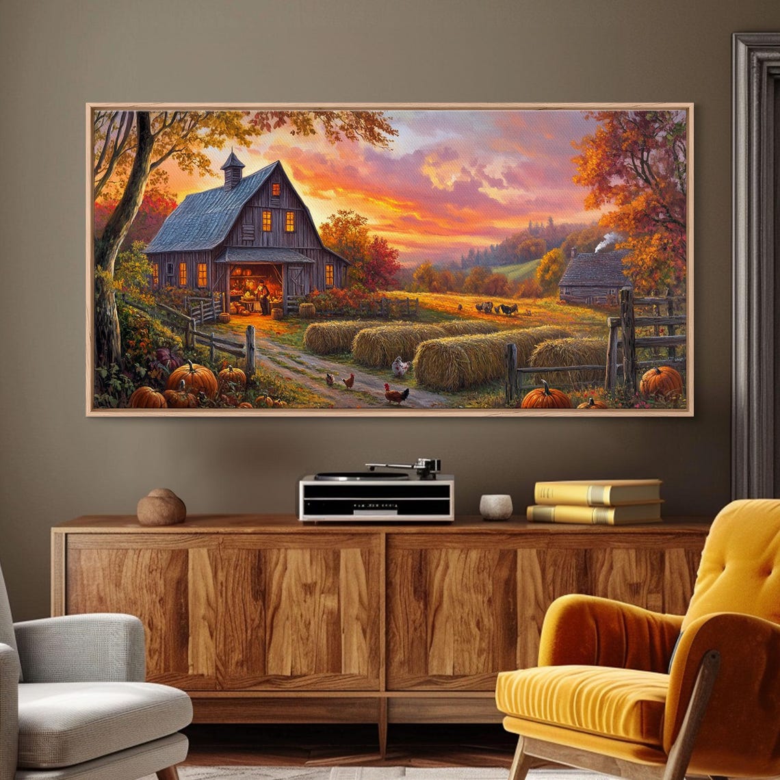 Rustic Barn Sunset Harvest Hay Bales Pumpkins Fall Landscape Art - Image 6