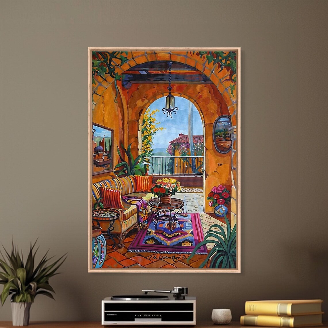 Spanish Terrace Arched Patio Colorful Rug Flower Painting Art Print