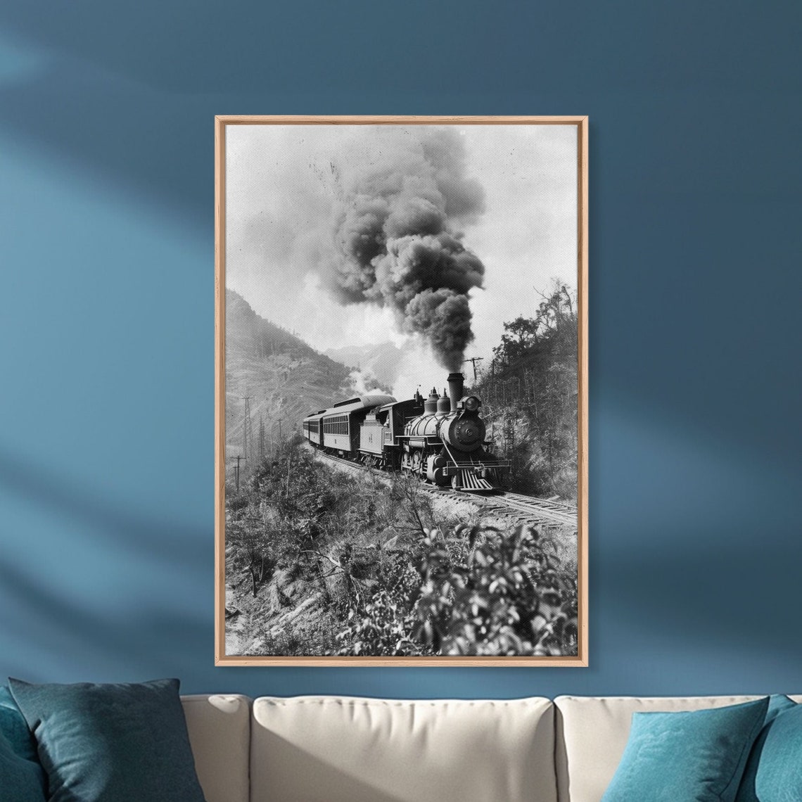 Steam Train Climbing Mountain Pass In Vintage Black White Photo Poster