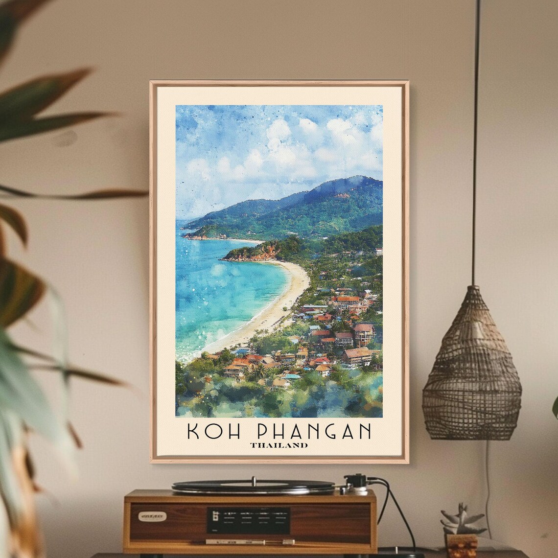 Koh Phangan Thailand Curved Bay Town Green Mountains Watercolor Poster