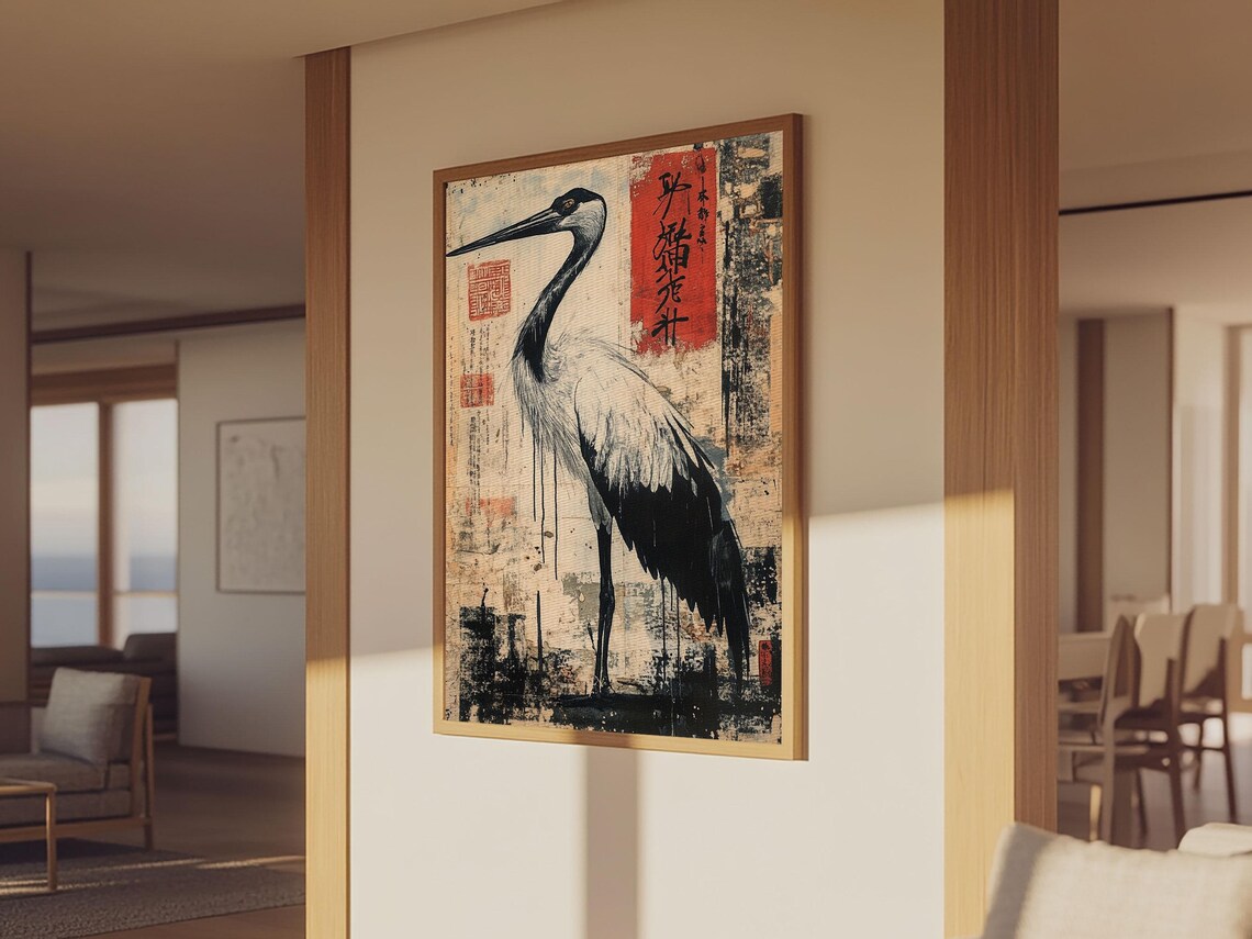Japanese Red Crowned Crane Ink Painting Vintage Asian Bird Poster - Image 2