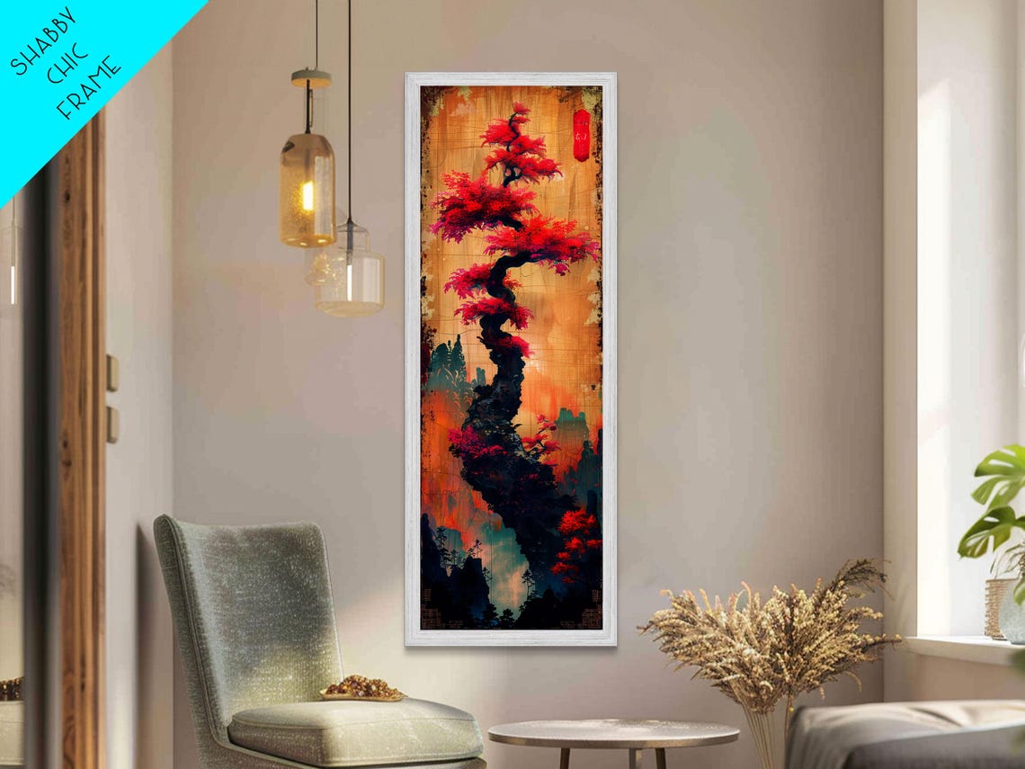 Bonsai Pine With Vivid Red Foliage On Gold Gradient Ukiyo E Art Poster - Image 4