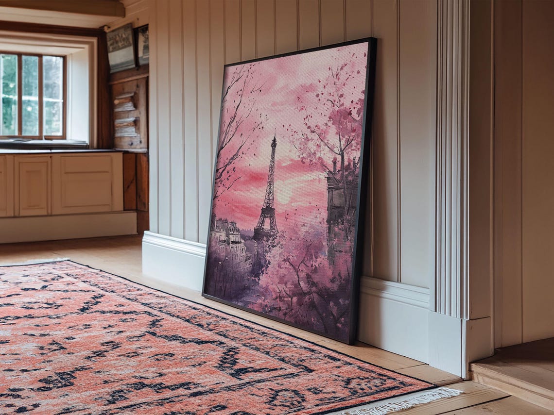 Paris Eiffel Tower With Cherry Blossoms Pink Romantic Cityscape Print - Image 6