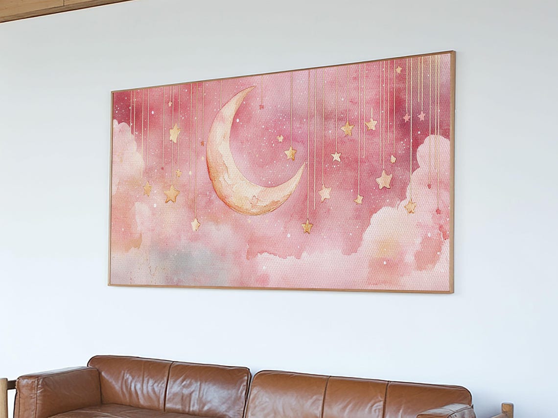 Crescent Moon Nursery Wall Art Print Whimsical Pink Starry Sky Art Light Cottagecore Bedroom Decor Unique Gift Idea - Image 2