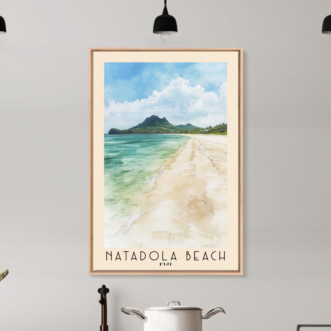 Natadola Beach Fiji Long Sandy Beach Green Mountain Watercolor Poster - Image 6