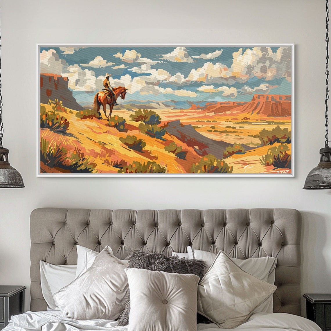 Cowboy On Horseback Overlooking Golden Desert Canyon Valley Art Poster - Image 3