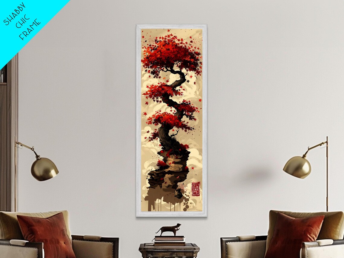Vibrant Red Maple Tree With Twisting Branches On A Beige Background Ukiyo E Art Japanese Framed Print Skinny Tall Art - Image 5