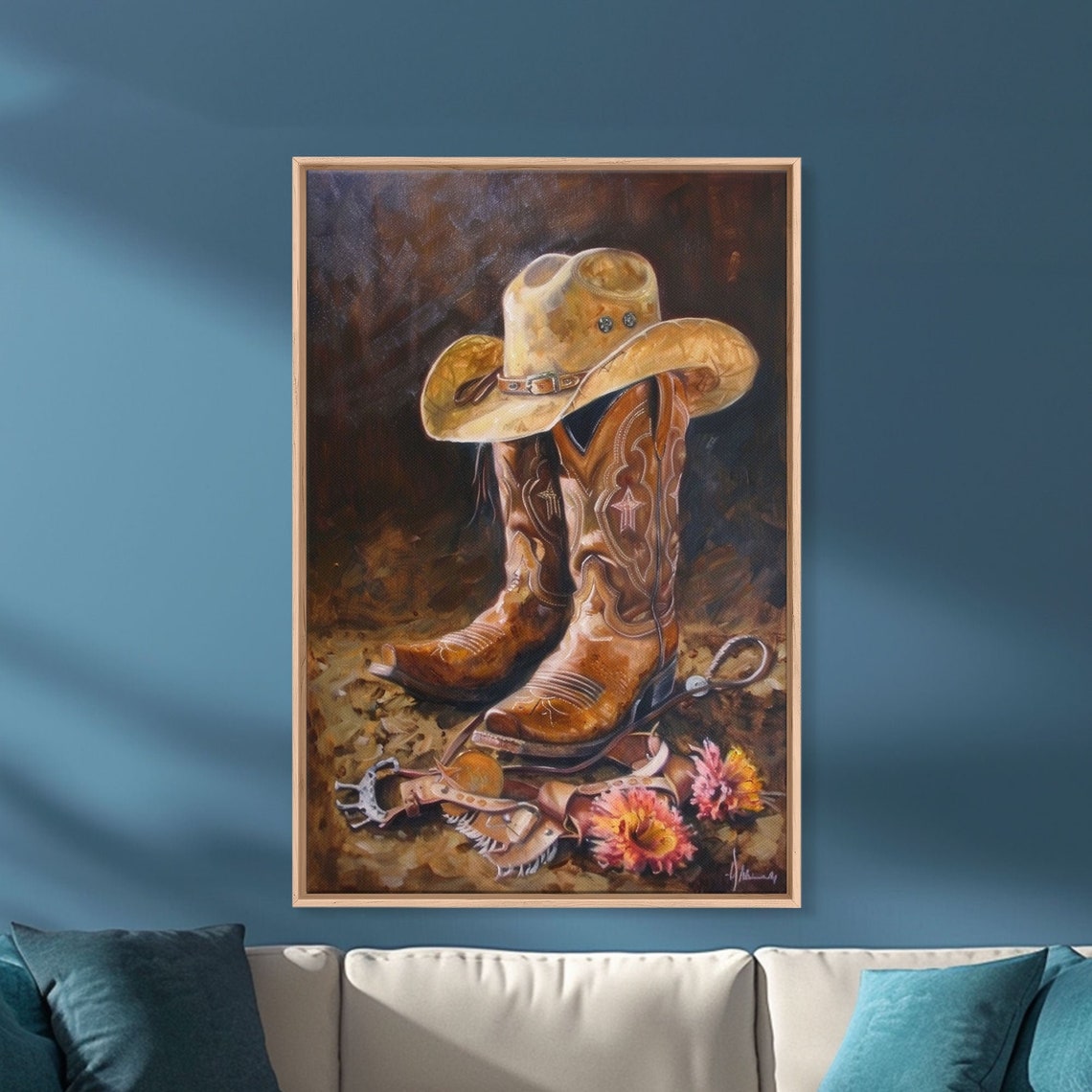 Classic Cowboy Hat And Boots Art Framed Print Rustic Bedroom Decor Cowboy Themed Wall Art For Home Western Artwork - Image 3