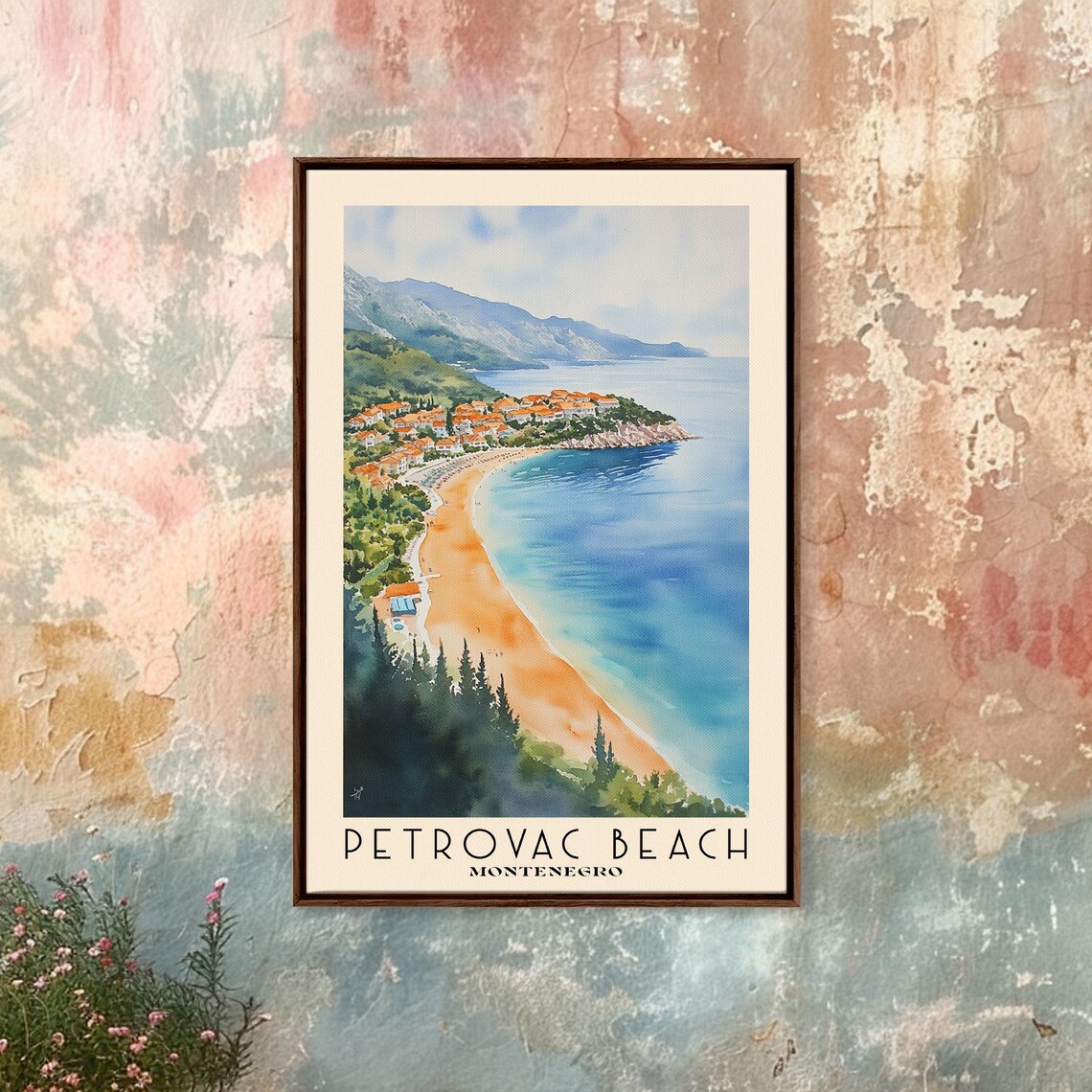 Petrovac Beach Montenegro Aerial Golden Bay Orange Rooftop Town Poster