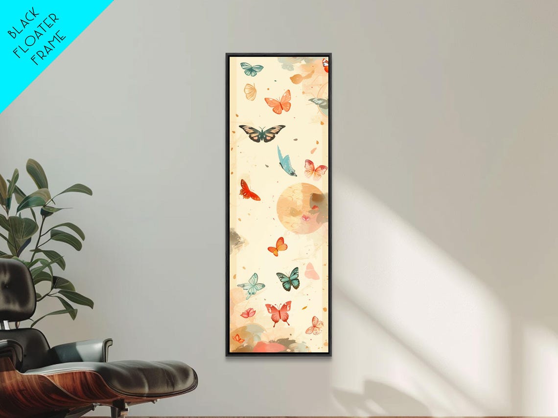 Colorful Butterflies Floating Across Light Background Tall Framed Print For Wall Decor - Image 2