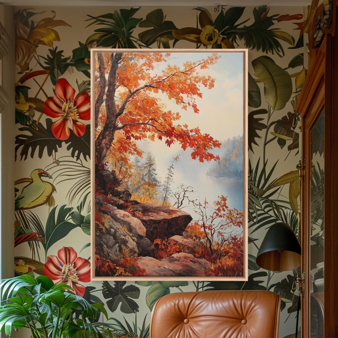 Rocky Autumn Cliff With Fiery Orange Maple Over Misty Lake View Poster - Image 5