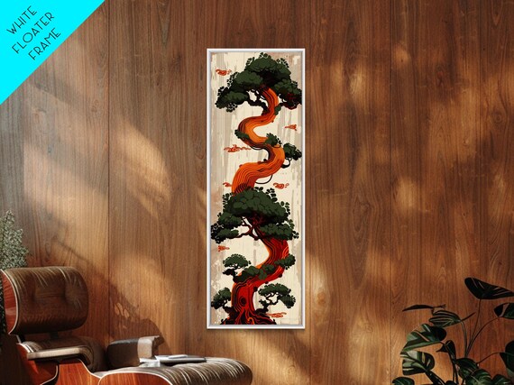 Curved Tree With Green Foliage Ukiyo E Art Japanese Style Framed Print Wood Block Print Skinny Art Tall Art