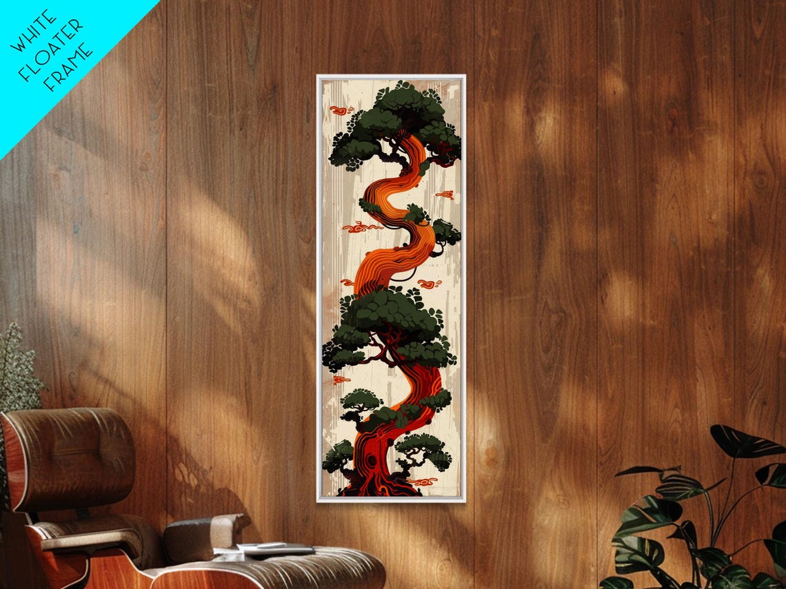 Twisted Pine Tree Green Foliage Orange Trunk Japanese Art Poster