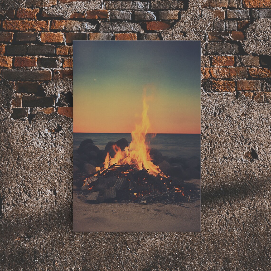 Beach Bonfire At Sunset Ocean Flames Rocks Moody Coastal Photo Poster - Image 4