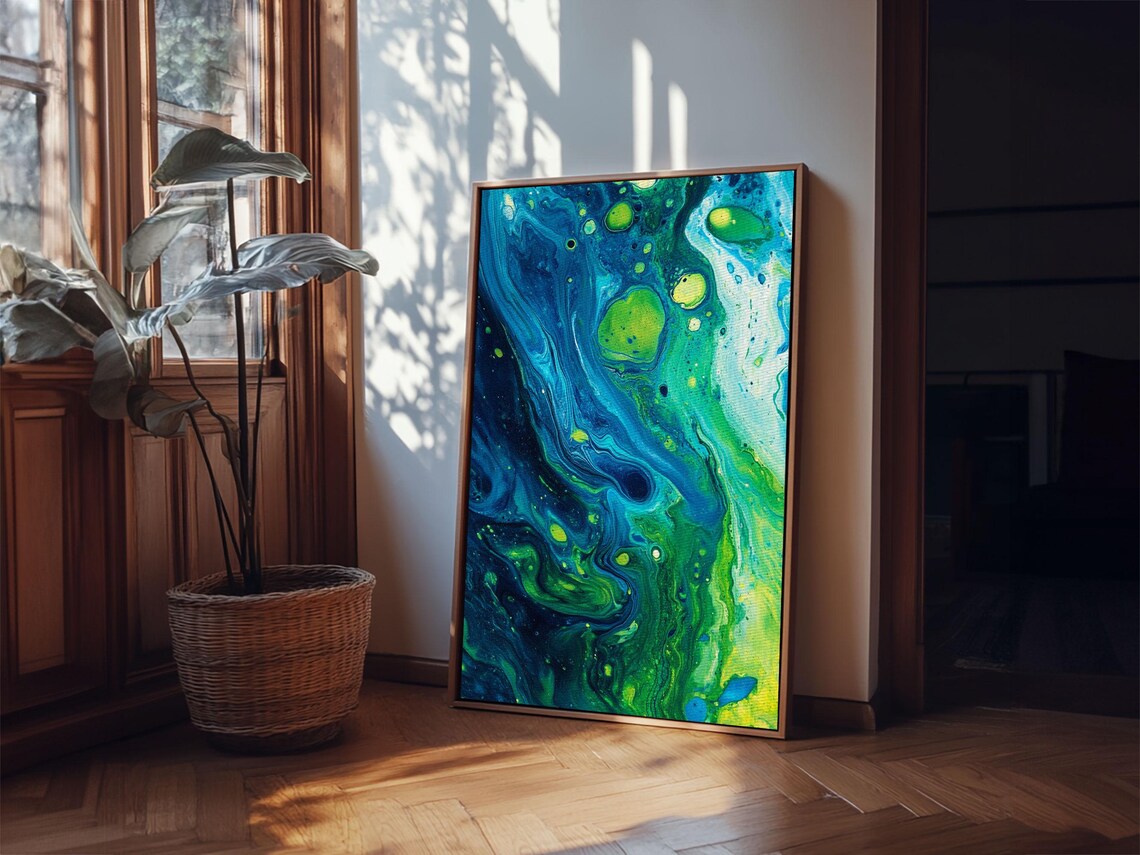 Blue Green Fluid Abstract Art Marble Acrylic Pour Ocean Cells Print - Image 2