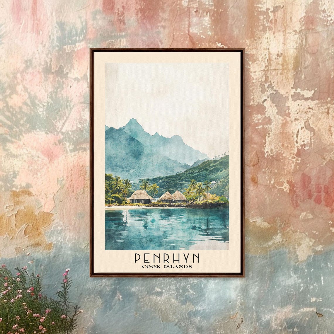Penrhyn Cook Islands Lagoon Thatched Huts Misty Mountain Travel Poster