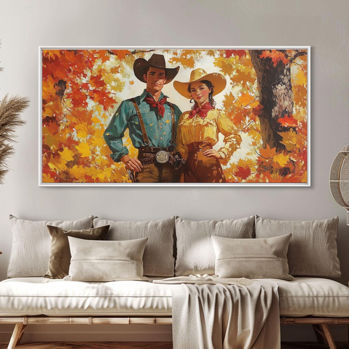Vintage Cowboy Cowgirl Couple Portrait Among Golden Fall Leaves Poster - Image 3
