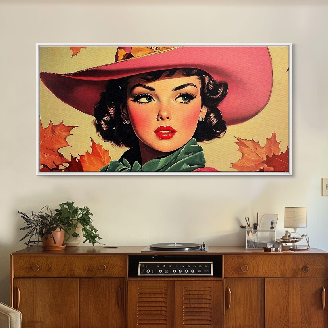 Retro Woman In A Pink Cowboy Hat Among Autumn Leaves Art Print - Image 5