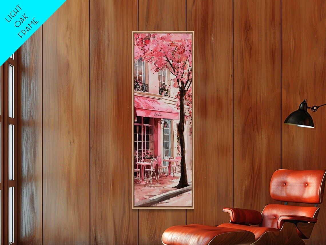 Parisian Cafe Pink Blossom Street Scene France Travel Poster