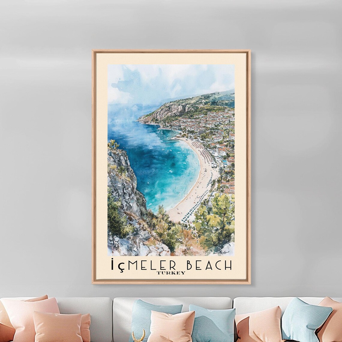 Icmeler Beach Turkey Curving Resort Bay Aerial Watercolor Wall Art Poster