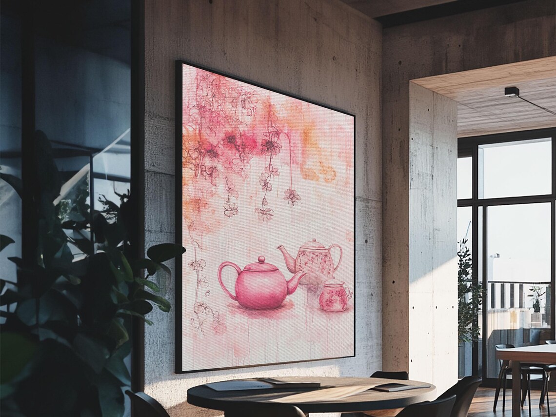 Pink Teapots With Floral Blossoms Watercolor Cozy Tea Wall Art Print - Image 6