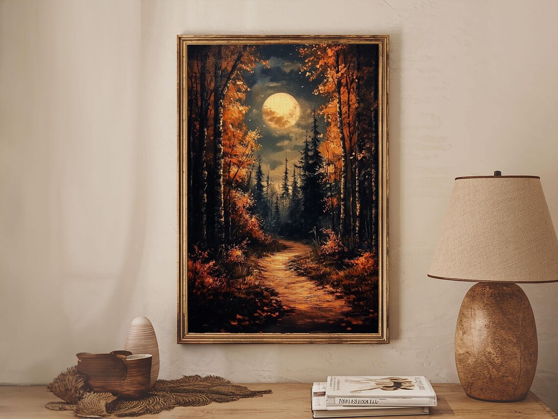 Haunted Autumn Forest Full Moon Path Spooky Eerie Night Halloween Art Poster - Image 2