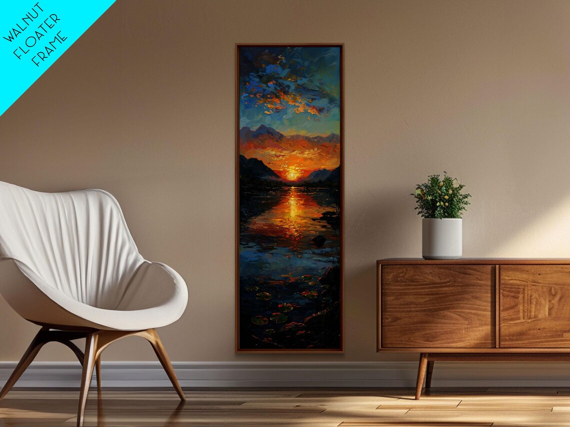 Vibrant Sunset Over Mountain Lake Reflection Oil Painting Print - Image 3