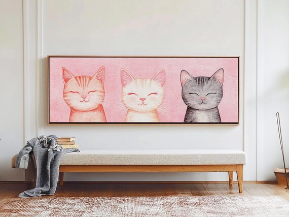 Three Smiling Cats Pink Whimsical Cat Portrait Cute Kittens Poster