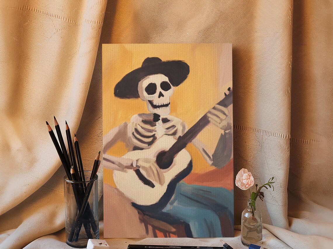 Skeleton Cowboy Playing Guitar Folk Art Warm Yellow Day Of Dead Art Poster - Image 3