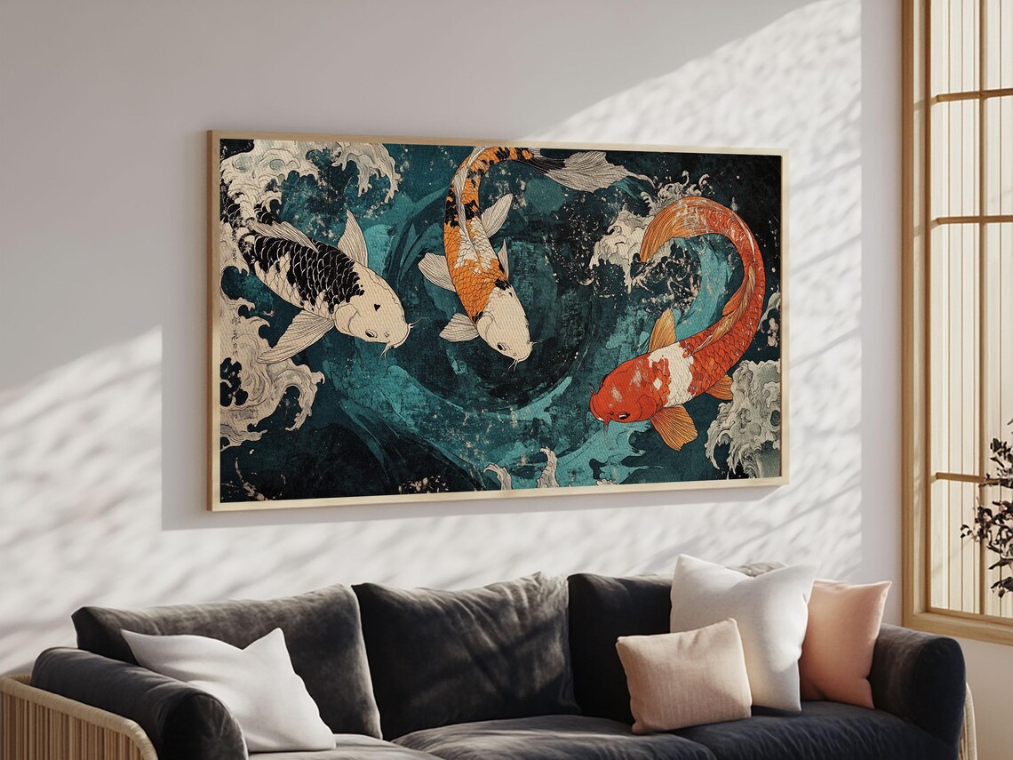 Three Koi Fish Swimming In Teal Water Japanese Style Painting Wall Art - Image 3