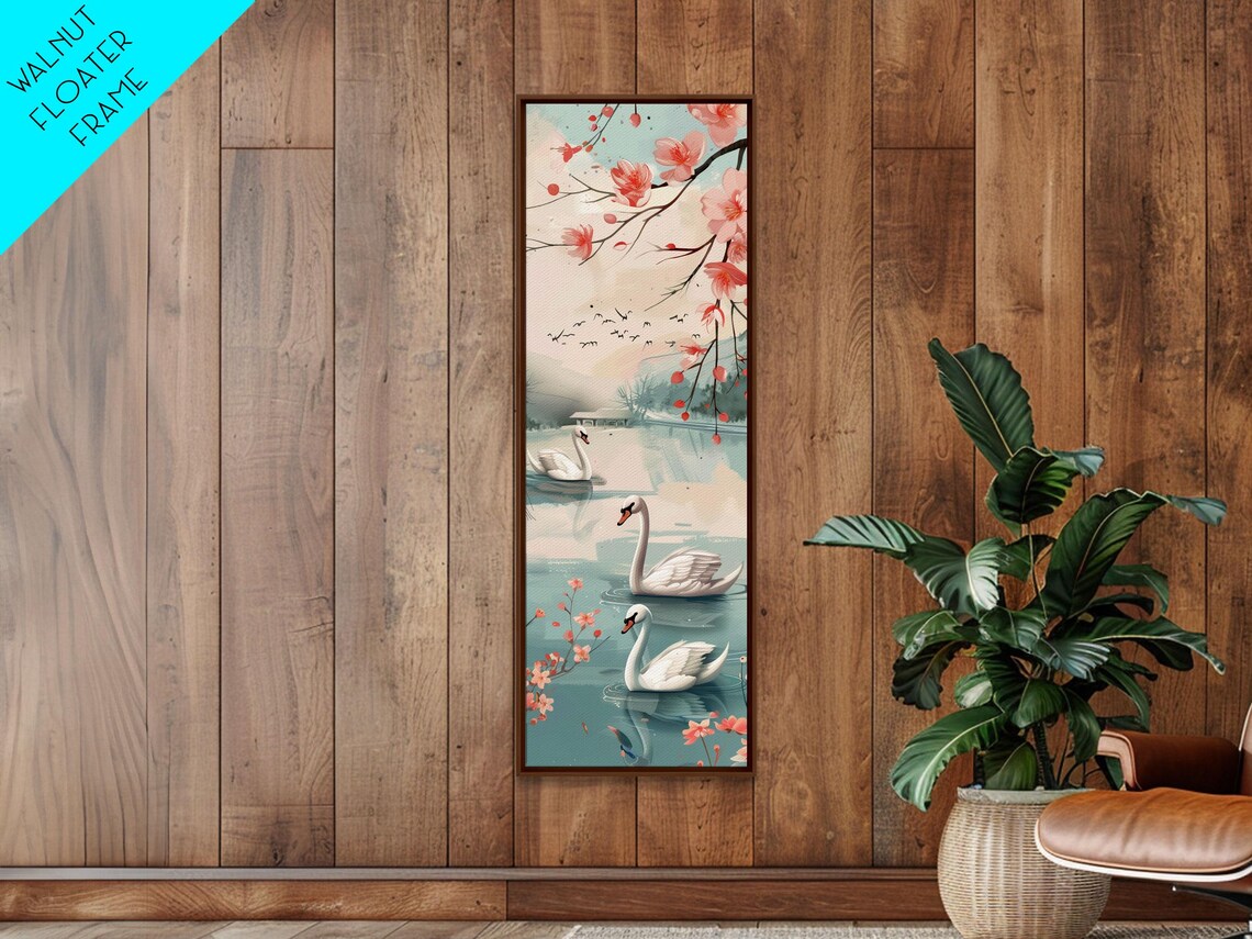 White Swans Lake Cherry Blossoms Japanese Style Tall Art Poster - Image 4