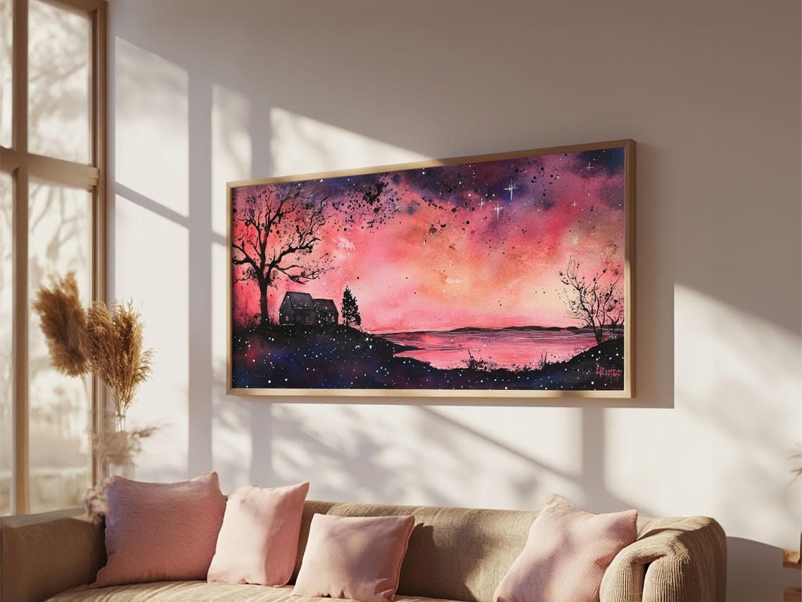 Moody Cottage Lake Dusk Pink Starry Sky Dark Romance Decor Poster - Image 6