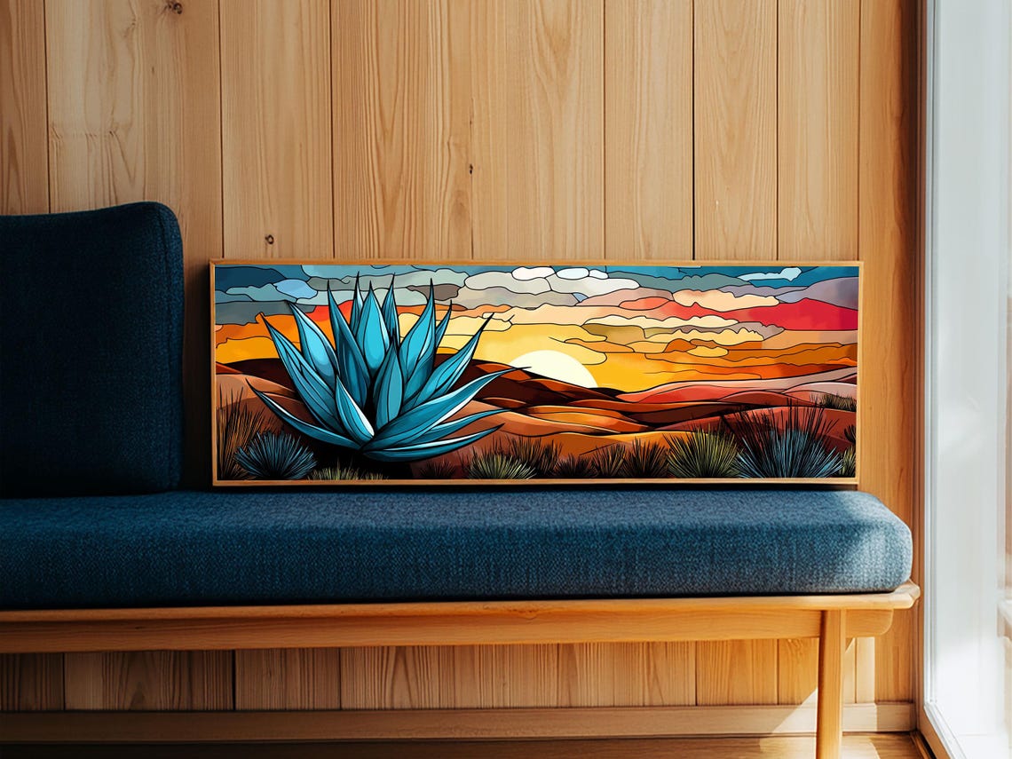 Blue Agave Desert Sunset Stained Glass Style Panoramic Wall Poster - Image 2