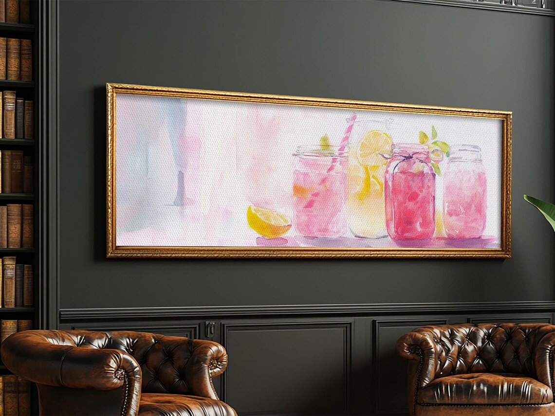 Pink Lemonade Mason Jars Citrus Watercolor Summer Kitchen Wall Art - Image 2