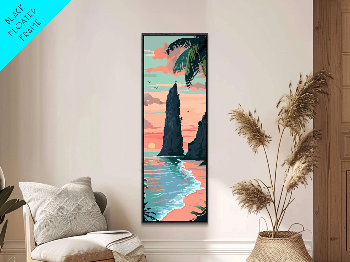 Towering Coastal Rock At Sunset With Palm Trees Tropical Travel Poster - Image 5