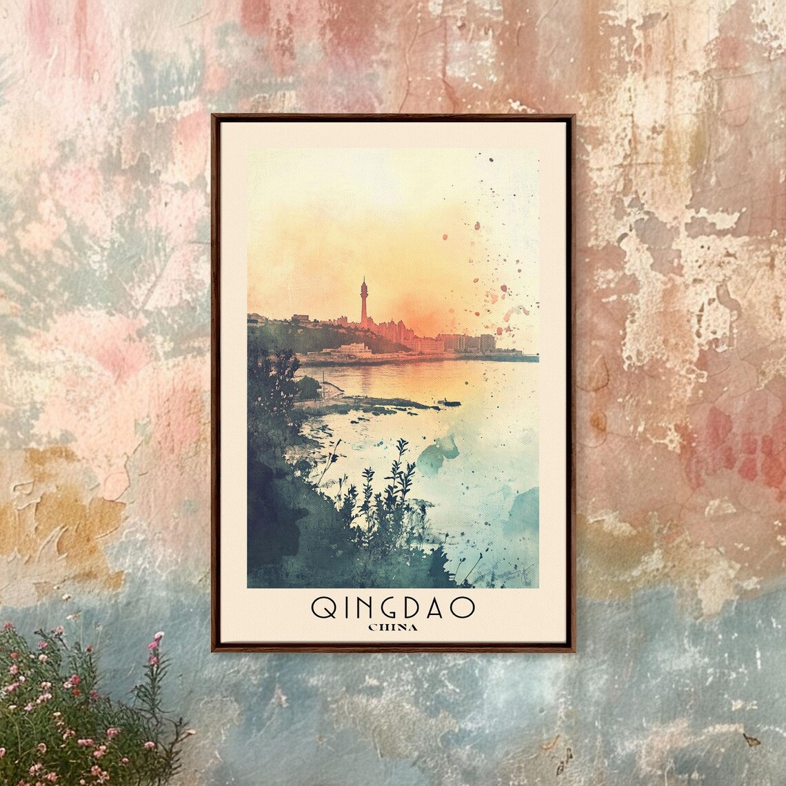 Qingdao China City Skyline Sunset Orange Sky Harbor Tower Coastal Watercolor Poster
