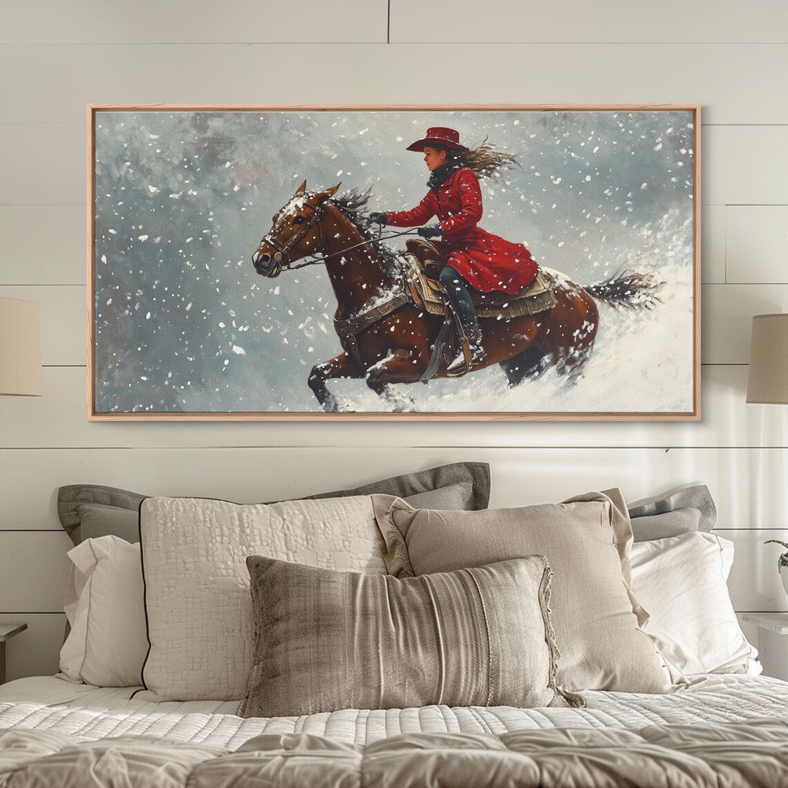 Cowgirl In Red Coat Galloping Through A Snowstorm Western Art Poster - Image 3