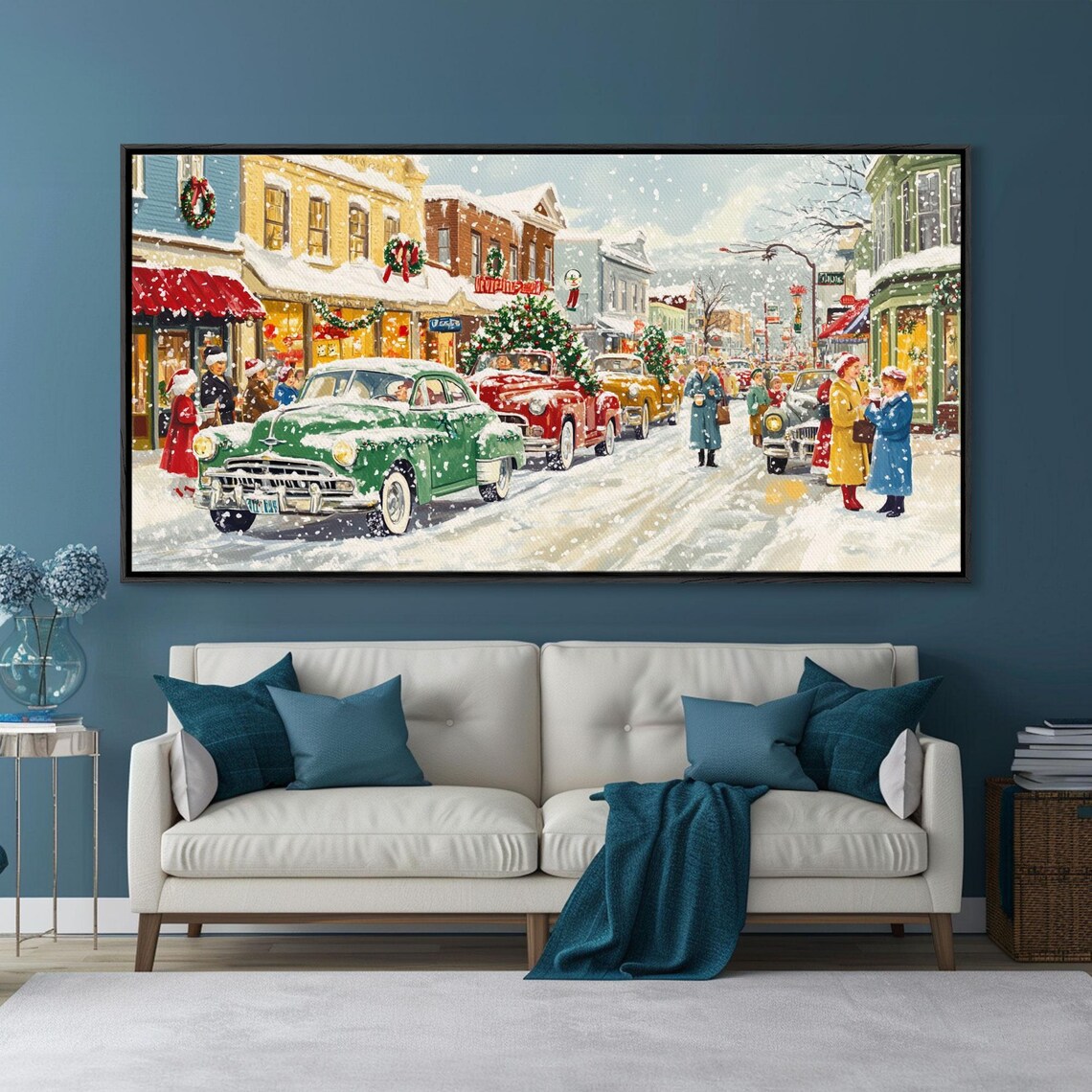1950s Small Town Main Street At Christmas With Classic Cars Poster - Image 3