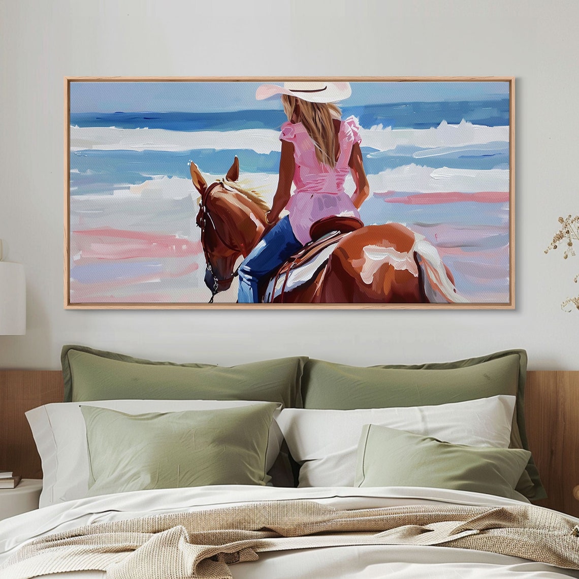 Cowgirl Riding Horse By The Ocean Tranquil Framed Print Perfect For Coastal Living Room Art Beach Bedroom Decor Horse Wall Art - Image 3
