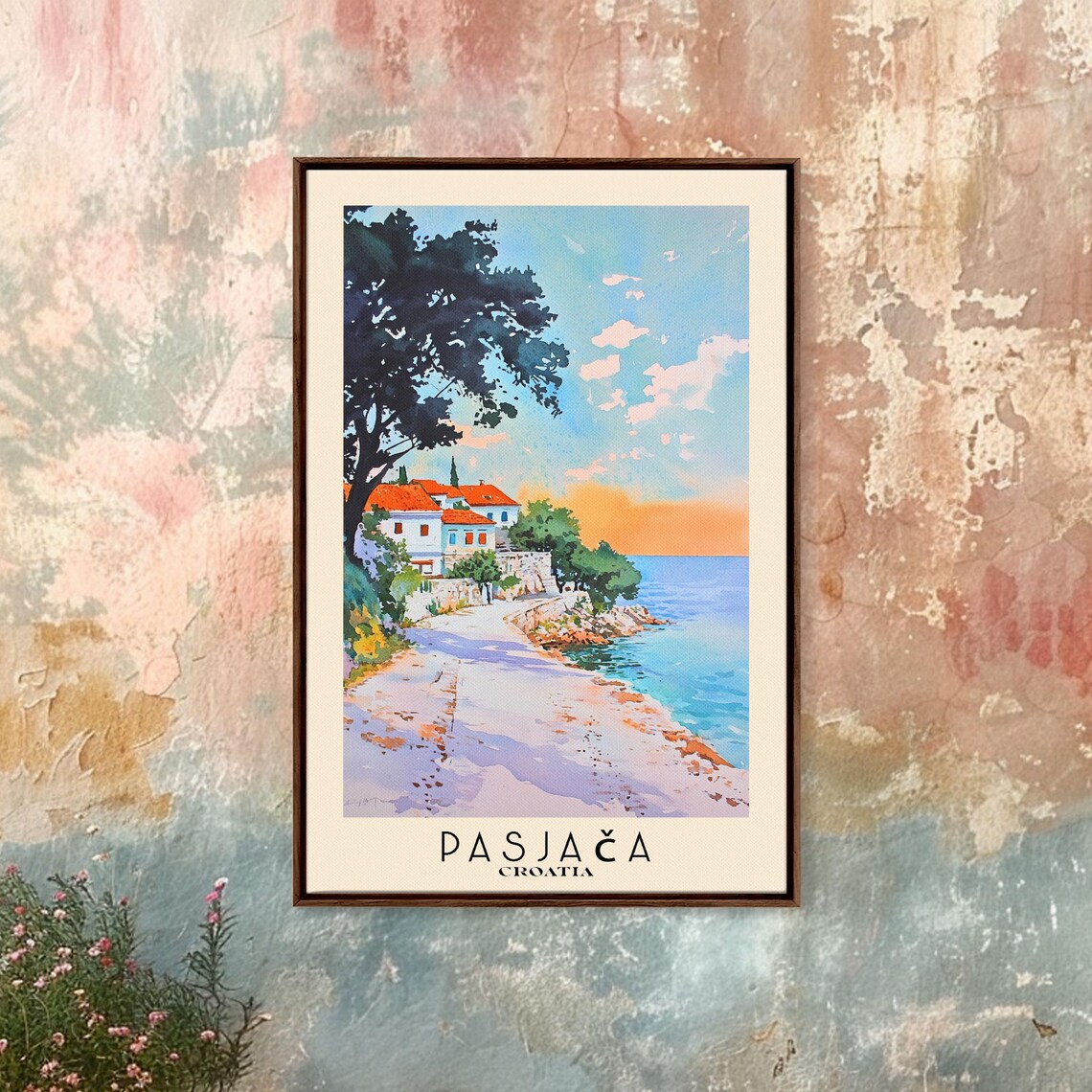 Pasjaca Croatia Stone Path Cove Red Roof Villa Sunset Sea Poster