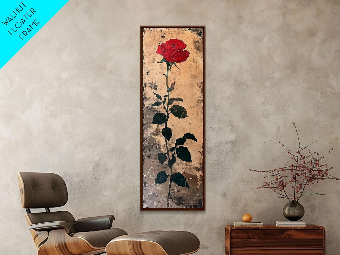 Single Red Rose Long Stem Japanese Woodblock Floral Wall Art - Image 5