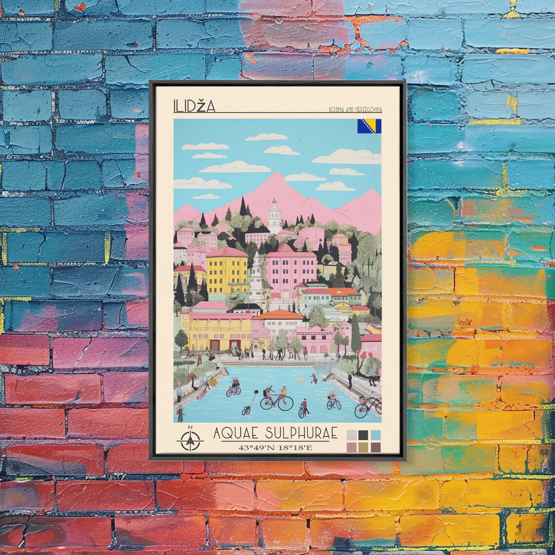 Ilidza Bosnia Spa Town Thermal Pools Cyclists Pink Mountains Poster