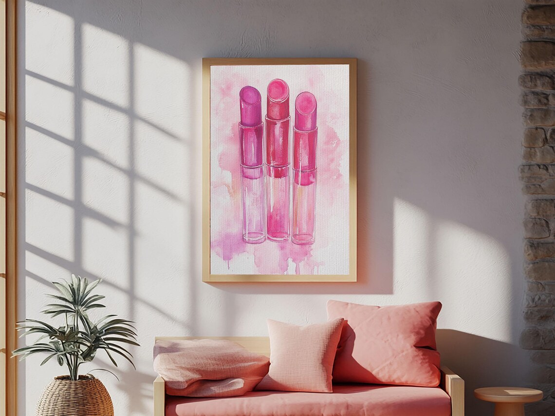 Pink Lipstick Trio Watercolor Glam Beauty Makeup Wall Art Poster