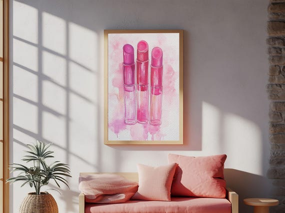 Lipstick Trio Print Pink Abstract Wall Art Feminine Home Decor Unique Makeup Art Gift Idea Cottagecore Rustic Living Room Art