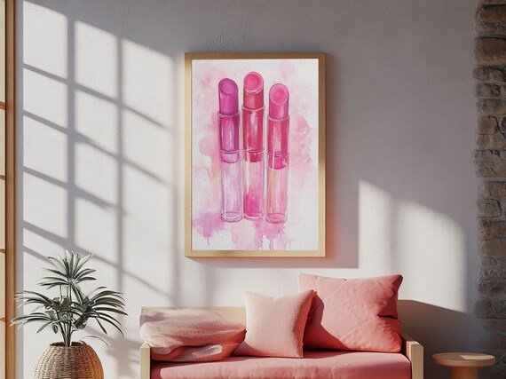 Pink Lipstick Trio Watercolor Glam Beauty Makeup Wall Art Poster