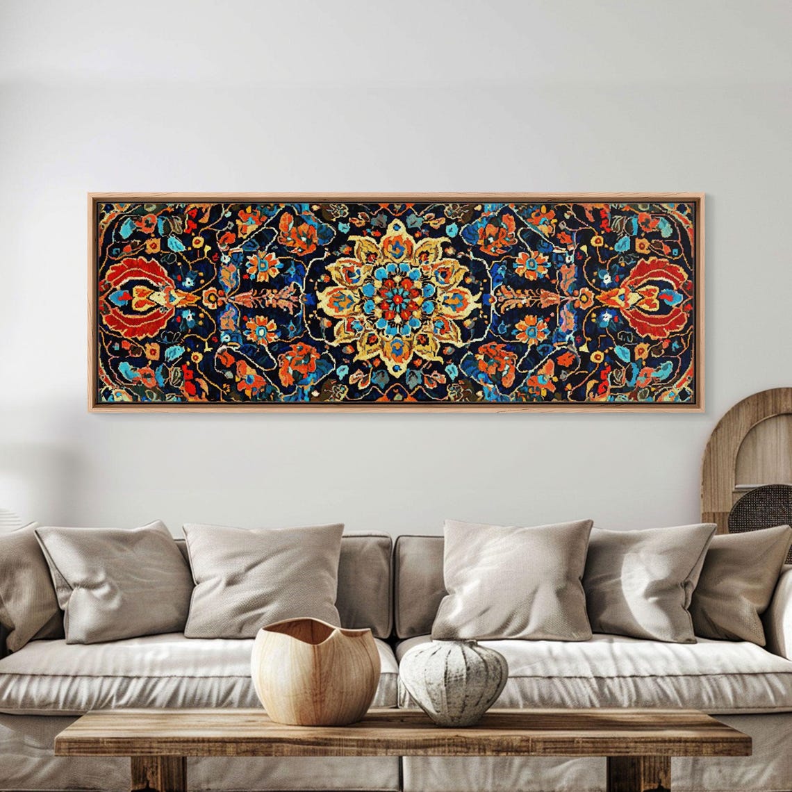 Navy Blue Floral Mandala Tapestry Pattern Panoramic Art Print - Image 4