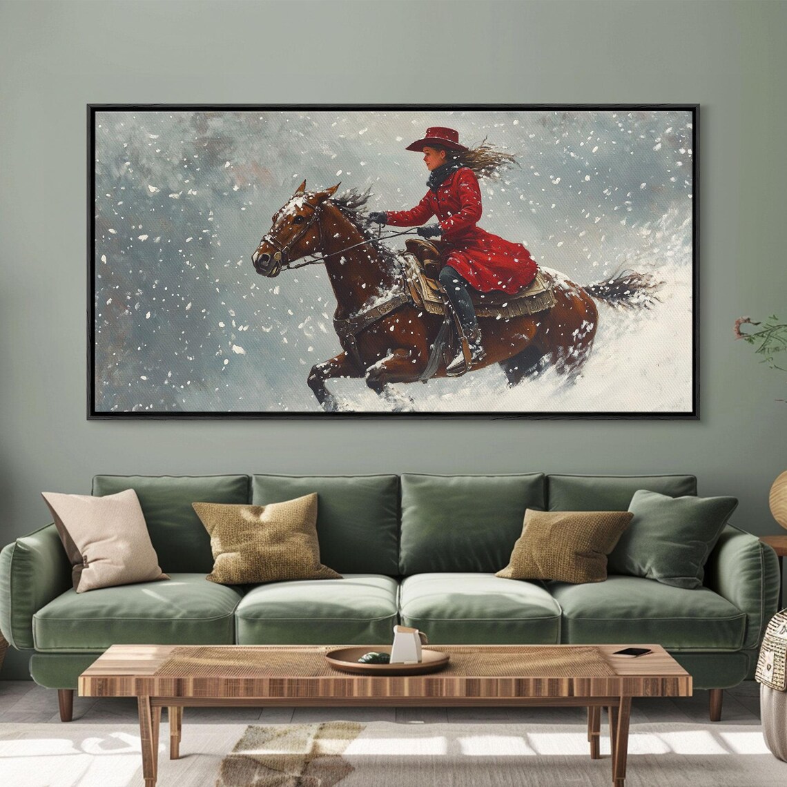 Cowgirl In Red Coat Galloping Through A Snowstorm Western Art Poster - Image 2